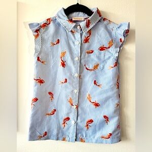 Blue Striped Kids button up Shirt with Goldfish Design and flutter sleeves